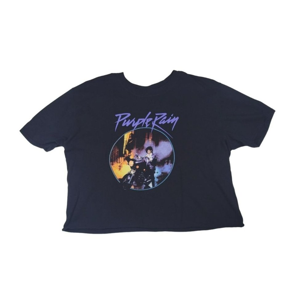 Prince Purple Rain T-Shirt Women's Size Large Black Cropped Raw Hem Graphic Tee